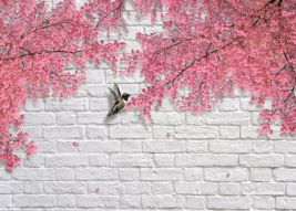 Фреска Стена из белого  кирпича с ветками сакуры